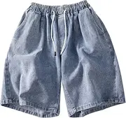 [DGHM-JLMY] Mens Summer Drawstring Knee Length Jean Shorts Classic Baggy Fit Short Jeans Flex Comfort Cotton Denim Shorts