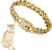 Gold Cat Dog Chain Collar, Diamond Cuban Link Walking Metal Chain Collar with Secure Buckle, 13mm Wide Cat Necklace Pet Crystal Collar Jewelry Accessories for Small Medium Large Cats Dogs (10inch)