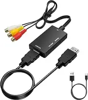 Quevati RCA to HDTV Adapter 1080P, Mini Composite CVBS AV to HDTV Converter for PS2/Xbox/SNES/N64/VHS/VCR Video Recorder DVD, Supports PAL/NTSC, Plug & Play with HDMI Cable (Black)