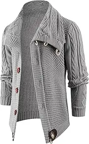 [Gsywaipei] Men's Vintage Knitted Cardigan Button Long Sleeve Male Knits Sweaters Jacket Winter Turtleneck Knit Sweater Coat, Light Grey, M