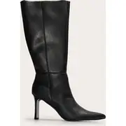 Black Pu Point Toe Thin Block High Heel Knee High Boots, Black