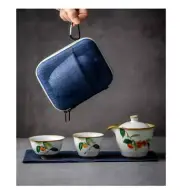 Portable Ceramic Tea Set Travel Case Gaiwan Teapot Two Tea Cups Lotus Plum Gift