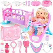 13 Inch Baby Doll Set with Accessories, Dolls Role Play Toy for Girls from 3 Years, Includes Bed, Feeding Set, Clothes, Interactive Bottle & Chair, Complete Doll Care Set with Learning Function