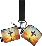 [XYMZR] Mini Zip Around Wristlet keychain Wallet Cross Sunset Landscape for Women Personalized Pattern Detachable Dual Pouch Wristlet Portable Wallet Phone Coin Purse, Multi-colored, One Size