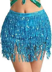 [COHGUDA] Women's Sequins Tassel Skirts, Dance Performance Shorts Skirts for Celebrating Festival, Women's Classic Sequin Tassel Skirts, Adjustable Fringe Skirts for Women, Belly Dance Skirts (ONE SIZE, LBL)