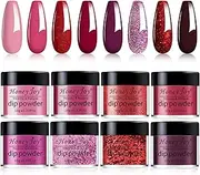 8pcs/set Fine Dipping Powder Dip Kit Powder Nail Color System, Dark Red Rose Glitter Sequin Purple Red Wine,Like Gel Polish Effect,Even & Smooth Finishing (Dip-8pcs-04)