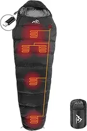 MANTUOLE Heated Sleeping Bag 5pcs Multi USB Power Support Heating Pads,Operated with Battery Power Bank or Other USB Power Supplies, Portable Compact Bag, Mummy Style.