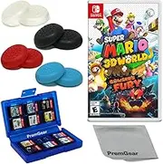 Super Mario 3D World + Bowser's Fury for Nintendo Switch, with PremGear Thumb Grips (8 pack - Black, Blue, Red & Clear), 24 Slot Game Card Holder & Cleaning Cloth