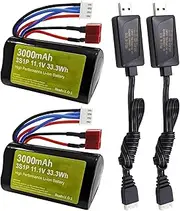 Fytoo 2PCS 11.1V 3000mAh 15C 3S Li-ion Battery with T Plug and USB Charger Suitable for R608 2104 Brushless RC Boat 210E 200E RC Brushless Remote Control Car High-Speed Car Battery