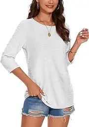 [LUOFEN] LUNFEN Women's 3/4 Sleeve Casual Tops Round Neck Loose Tunic Basic Tees Blouses Fit Pullover