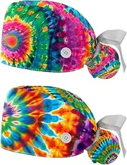 [YTYVAGT] 2-Pc,Nurse Scrub Caps,Scrub Hats with Buttons and Cotton Sweatband,Colorful Tie Dye Rainbow