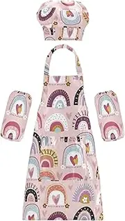 AIXIWAWA Kids Apron Chef Hat Set, Child Kitchen Bib Aprons Adjustable for Cooking Baking Painting (Lovely Rainbow)