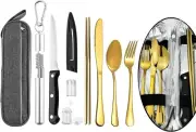 Portable Travel Reusable Utensils Camping Cutlery Set Gold Stainless Steel Flatw