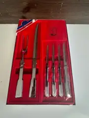Vtg Carvel Hall 6pc. Stainless Steel Steak Knife Set W/ Carving Knife & Fork USA
