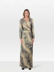 Blue & Beige Metallic Wrap Dress