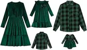 [AWIBMK] Family Matching Outfits Christmas Velvet Plaid Ruffle Mommy and Me Dress Fall Winter Xmas Matching Set for Photoshoot