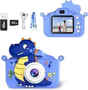 Kids Toy Camera, Digital Camera for Toddlers, Portable Digital Camera with Video, for Boys and Girls Aged 3-12, Christmas Birthday Kids, with 32G SD Card and USB Reader (Blue Dinosaur)