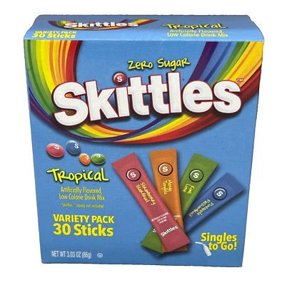 Skittles Tropical Zero Sugar Drink Mix Variety Pack 30 Sticks 3.03 oz