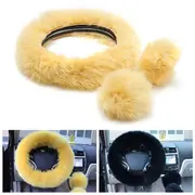 3Pcs Plush Wool Soft Car Steel Ring Wheel Cover Woolen Auto Handbrake Shift Knob Guard 227 KHAKI
