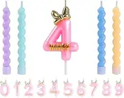EAKE Pink Birthday Candles Number 4 Candle with Bow Bowknot Bowtie and 4 Pc Macaron Spiral Candle for Happy 4th Mouse Theme Birthday Cake Topper Party Supplies Decor
