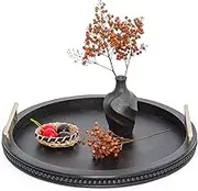 FESTWIND Round Coffee Table Tray,Beaded Wooden Serving Tray with Handles, Black Wood Trays Home Decor,Farmhouse Decorative Tray for Kitchen Counter Ottoman Centerpiece