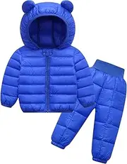 [Happy Cherry] Baby Boys Girls Two Piece Snowsuit Winter Hooded Puffer Down Jacket and Elastic Waist Snow Pants Sets