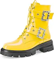 [Perisis] Women's Leather Platform Lug Sole Low Chunky Heel Combat Boots Lace Up Buckles Zipper Fashion Ankle Booties