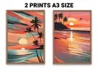 2 Prints Relaxing Sunset with Palm Trees Living Room Wall Picture Poster A3 Size