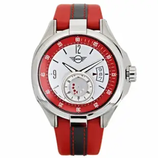 【MINI Swiss Watches 】石英錶 45mm 紅底白錶面 紅灰相間皮錶帶