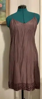 New! Rebecca Taylor Mauve Crinkled Silk Slip Dress With Sequins Size Large