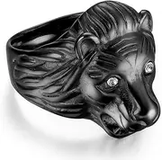 RIUKIU Dominating Three-Dimensional Lion Ring, Stylish Stainless Steel Men's Ring,Black,11