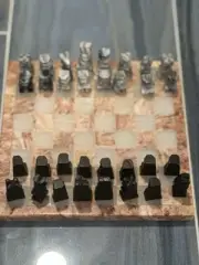 Vintage Hand Carved Marble White & Rose Colored Quartz Aztec Chess Set Complete
