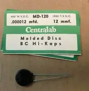 NOS Centralab Type MD Molded Disc Ceramic BC Hi-Kaps, MD-120, 12 MMF 600VDC