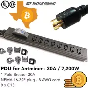 1-Pole Breaker Crypto Mining PDU 240V 30A Nema L6-30P 8 x C13 Cord 6.5F long TX