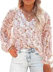 [Generic] Womens Floral Print Tops Casual V Neck Long Sleeve Chiffon Blouses Spring Fall Shirts