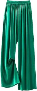 [Generic] Wide Leg Pants Woman Women's Silk Elastic Elastic Waist Pocket Design Casual Wide Leg Pants
