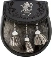 [I LUV LTD] Semi Dress Sporran Black Leather Brown Faux Fur, Lion Badge, Embossed Thistle Rim Scottish Made with Sporran Chain XL 42" - 51" Scottish Celtic Wallet Pouch Kilt Accessories for Men