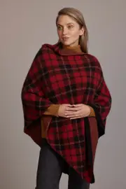 McDonald Possum Merino Womens Tartan Poncho -Poppy