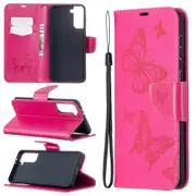 For Samsung Galaxy S21+ Plus Case Butterflies Emboss Folio PU Leather Wallet Cover, Kickstand, Lanyard, Rose Red