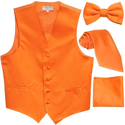 New Men's solid Tuxedo Vest Waistcoat & necktie & Bow tie & Hankie orange prom