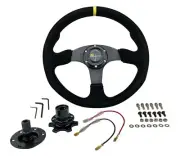 350mm Corsica Suede Steering Wheel 14" Black Stitch Yellow Stripe Quick Release (for: Volkswagen)