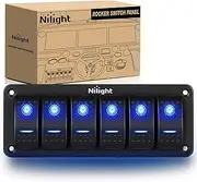 Nilight-90111F 6 Gang Aluminum Rocker Switch Panel Toggle Dash 5 Pin ON/Off Pre-Wired Rocker Switch Blue Backlit Switch for Automotive Car Marine Boat RV,2 Years