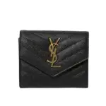 【YSL】SAINT LAURENT CASSANDRE 荔枝皮 皮革 三折開釦 短夾 卡夾 零錢包 黑色 金色 403943