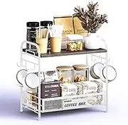 Coffee Bar Organizer for Countertop Station, Simple Assembly 2 Tier Shelf for Home,Office, Coffee Cup Holder Storage Organization for Counter Accessory Storage Rack with 4 Hooks Space-Saving