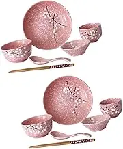 OHPHCALL 1Set Elegant Japanese Ceramic Cutlery Set Pink Complete Tableware Kit for Home Use Includes Bowls Plates Cups Spoons and Chopsticks for Rice