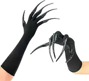 [Xiao Cheng Ming Zhu] Long Finger Claw Gloves Black paw gloves, scary vampire witch demon crow Halloween Cat nail rings Cosplay costume accessories For women costume (gloves & 10pcs claws), Gloves &