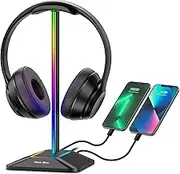 RGB Headphone Stand with 1 USB-C Charging Port and 1 USB Charging Port, Desk Gaming Headset Holder with 7 Light Modes and Non-Slip Rubber Base Suitable for All Earphone Accessories (Black)