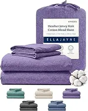 Ella Jayne Jersey Knit Sheets Set (4pc), Poly-Cotton Tshirt Soft Sheets, Queen Size, 10'' Deep Pockets, Purple - Queen