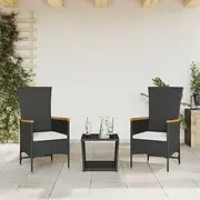 3 Piece Garden Dining Set with Cushions Black Poly Rattan Patio Bar Sets