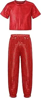 [Miutii] Kids Girl Sport Set Sleeve Crop Top with Sweatpants Training Outfits Tracksuit Set Sequins Dance Outfit